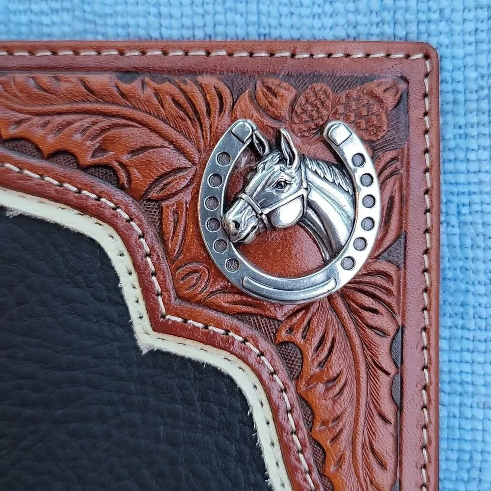Western Genuine Leather Two Tone Checkbook Wallet Card Holder Horse Horseshoe